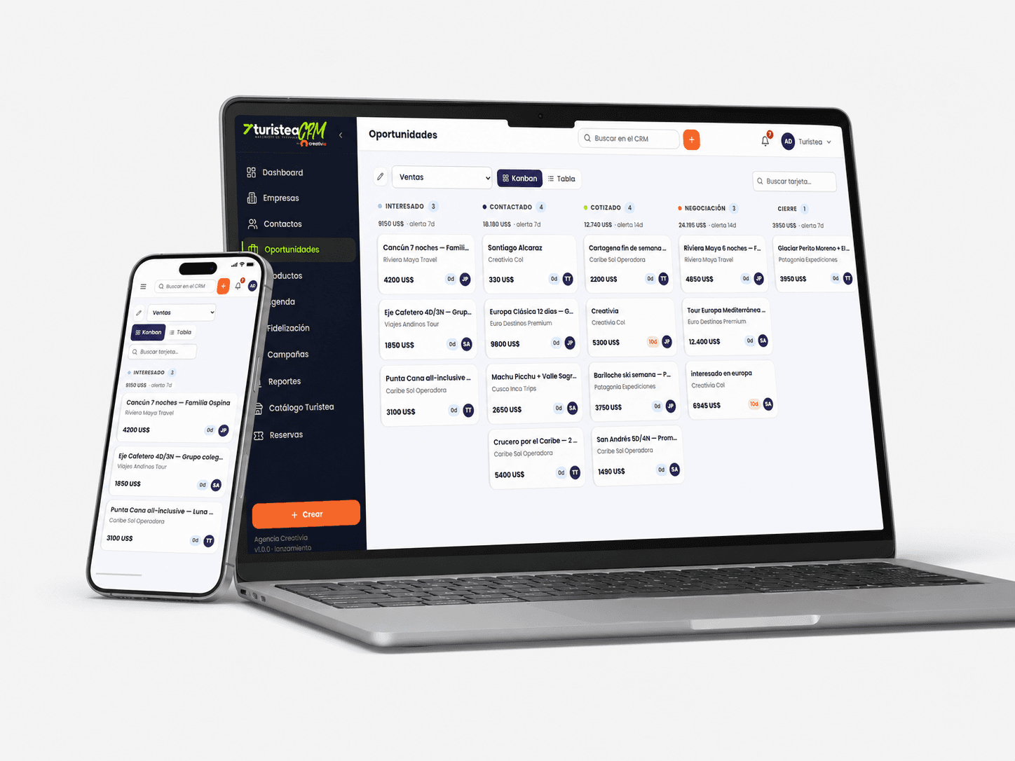 Turistea CRM en MacBook y iPhone — tablero de oportunidades